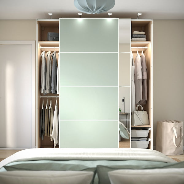 PAX / MEHAMN/AULI - Wardrobe with sliding doors, oak effect with double-sided white stain/light green mirror glass,200x66x236 cm