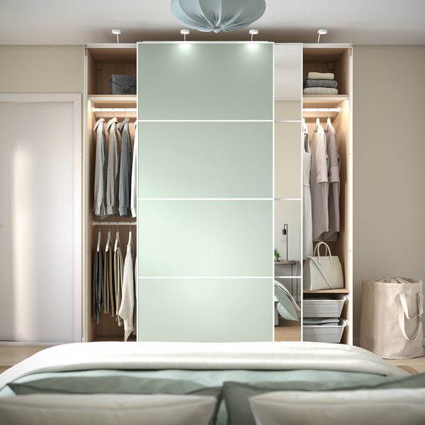 PAX / MEHAMN/AULI - Wardrobe with sliding doors, oak effect with double-sided white stain/light green mirror glass,200x66x236 cm