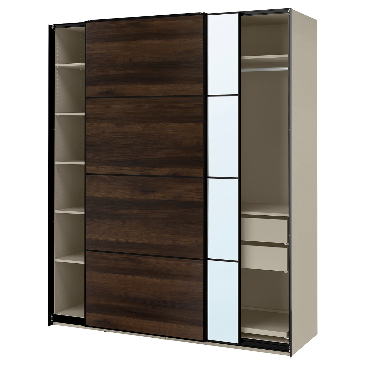 PAX / MEHAMN/AULI wardrobe with sliding doors, grey-beige black/dark brown oak effect mirror glass, 200x66x236 cm
