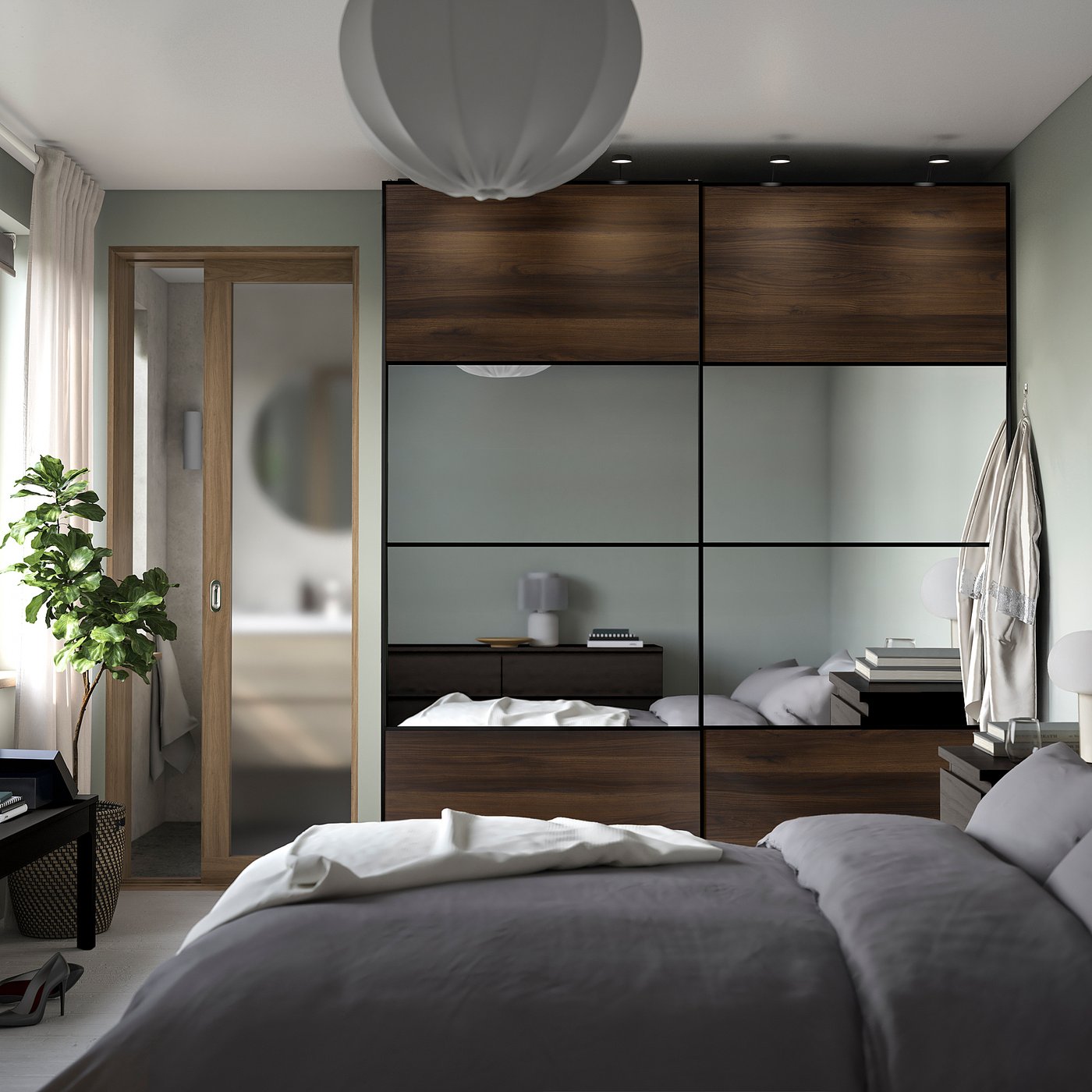PAX / MEHAMN/AULI wardrobe with sliding doors, grey-beige black/dark brown oak effect mirror glass, 200x236x66 cm