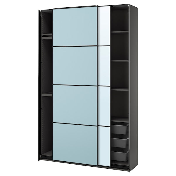 PAX / MEHAMN/AULI - Wardrobe with sliding doors, dark grey double-sided/light blue mirrored glass,150x44x236 cm