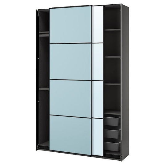 Ikea PAX / MEHAMN/AULI - Wardrobe with sliding doors, dark grey double-sided/light blue mirrored glass,150x44x236 cm