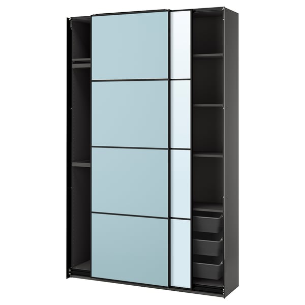 PAX / MEHAMN/AULI - Wardrobe with sliding doors, dark grey double-sided/light blue mirrored glass,150x44x236 cm
