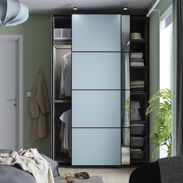 PAX / MEHAMN/AULI - Wardrobe with sliding doors, dark grey double-sided/light blue mirrored glass,150x44x236 cm