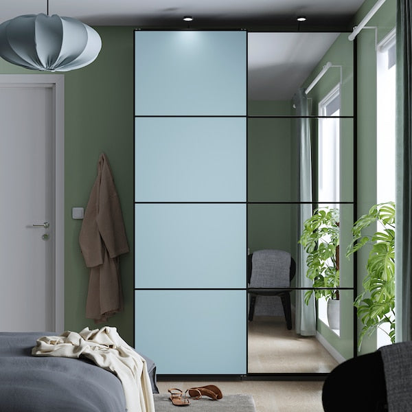 PAX / MEHAMN/AULI - Wardrobe with sliding doors, dark grey double-sided/light blue mirrored glass,150x44x236 cm