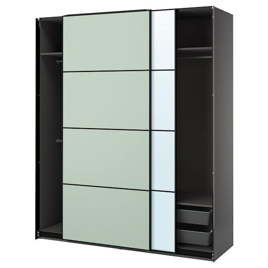 Ikea PAX / MEHAMN/AULI - Wardrobe with sliding doors, dark grey double-face/light green mirror glass,200x66x236 cm