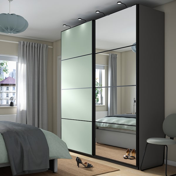 PAX / MEHAMN/AULI - Wardrobe with sliding doors, dark grey double-face/light green mirror glass,200x66x236 cm