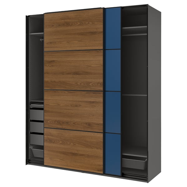 PAX / MEHAMN/AULI wardrobe with sliding doors, dark gray black/double-face walnut, 200x66x236 cm