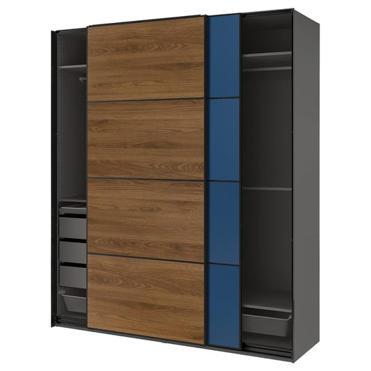 PAX / MEHAMN/AULI wardrobe with sliding doors, dark gray black/double-face walnut, 200x66x236 cm