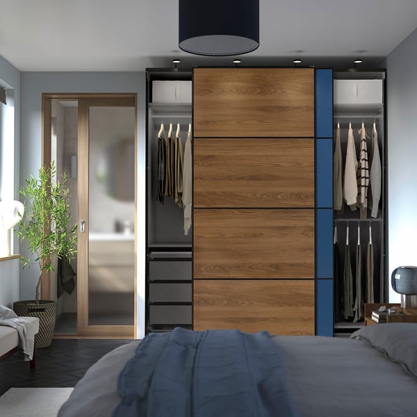 PAX / MEHAMN/AULI wardrobe with sliding doors, dark gray black/double-face walnut, 200x66x236 cm