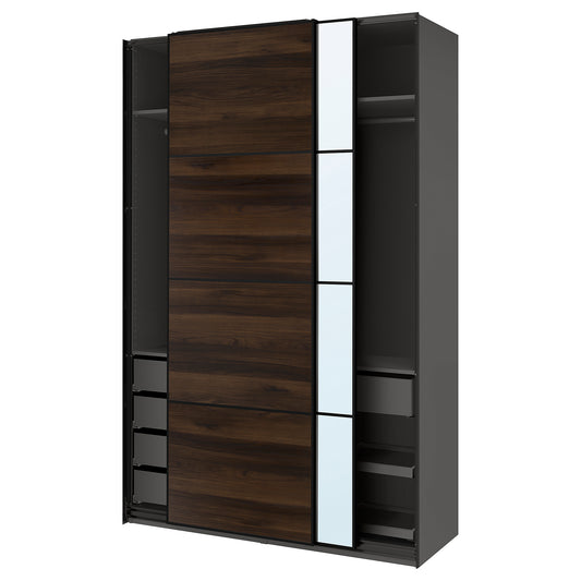 PAX / MEHAMN/AULI wardrobe with sliding doors, dark grey black/dark brown oak effect mirror glass, 150x66x236 cm