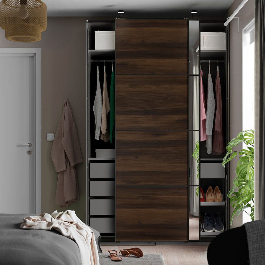 PAX / MEHAMN/AULI wardrobe with sliding doors, dark grey black/dark brown oak effect mirror glass, 150x66x236 cm