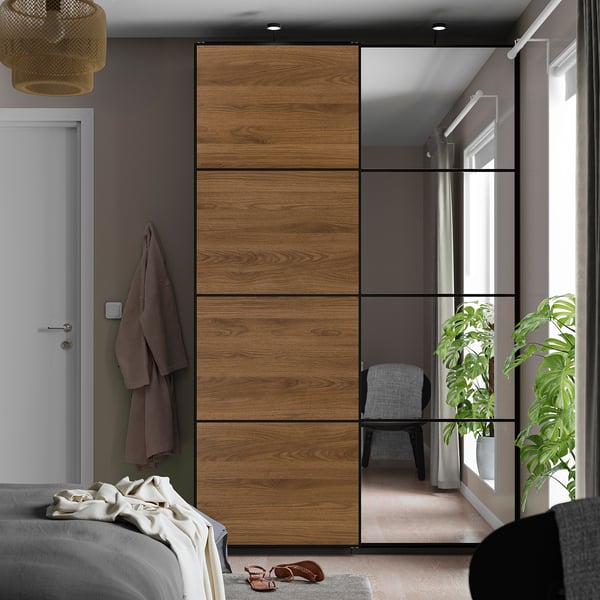 PAX / MEHAMN/AULI wardrobe with sliding doors, dark grey black/walnut mirror glass, 150x66x236 cm