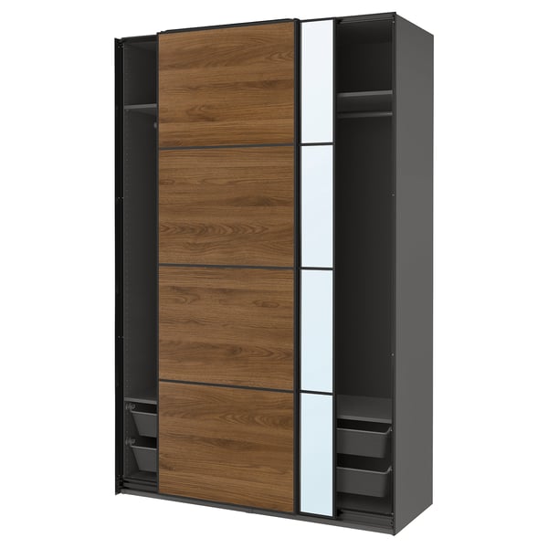 PAX / MEHAMN/AULI wardrobe with sliding doors, dark gray black/walnut mirror glass, 150x66x236 cm