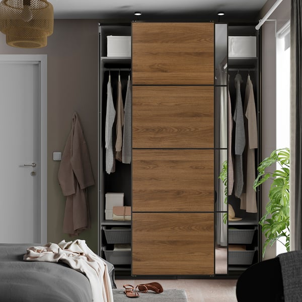 PAX / MEHAMN/AULI wardrobe with sliding doors, dark gray black/walnut mirror glass, 150x66x236 cm