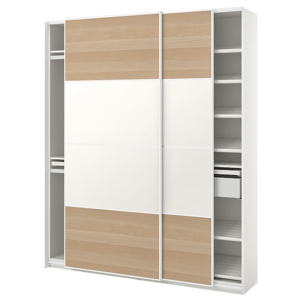 PAX / MEHAMN - Wardrobe combination, double-sided white/white oak effect with white stain,200x44x236 cm