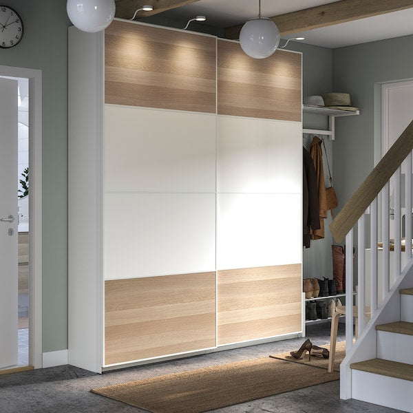 PAX / MEHAMN - Wardrobe combination, double-sided white/white oak effect with white stain,200x44x236 cm