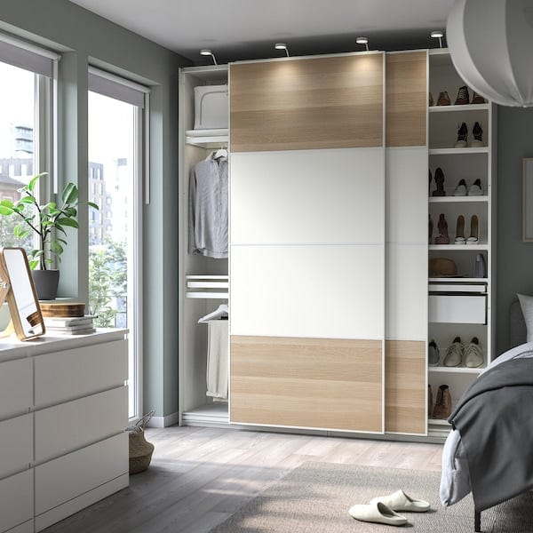 Ikea PAX / MEHAMN - Wardrobe combination, double-sided white/white oak effect with white stain,200x44x236 cm