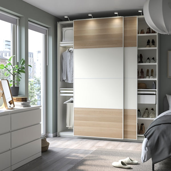 PAX / MEHAMN - Wardrobe combination, double-sided white/white oak effect with white stain,200x44x236 cm