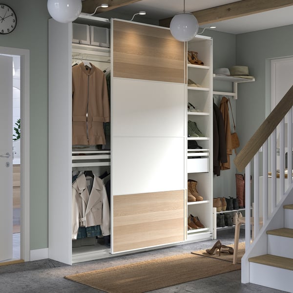 PAX / MEHAMN wardrobe combination, white double sided/white white stained oak effect, 200x43x236 cm