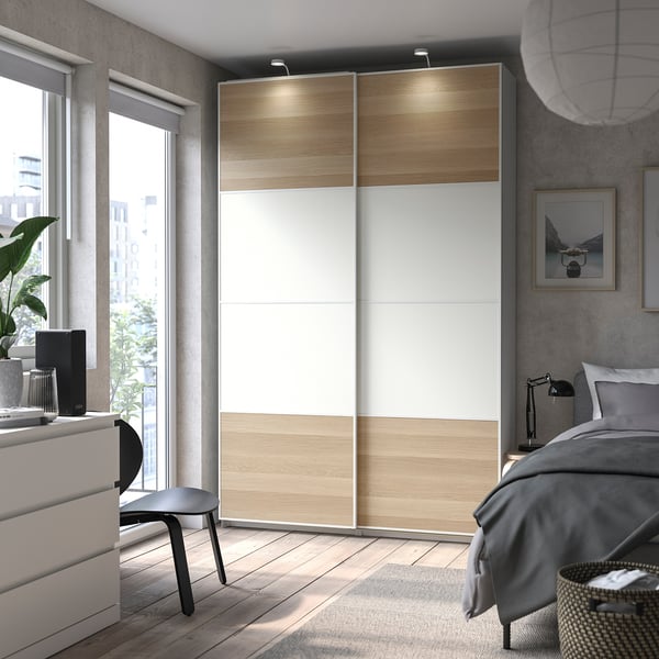 PAX / MEHAMN - Wardrobe combination, white/double-face oak effect with white stain,150x44x236 cm