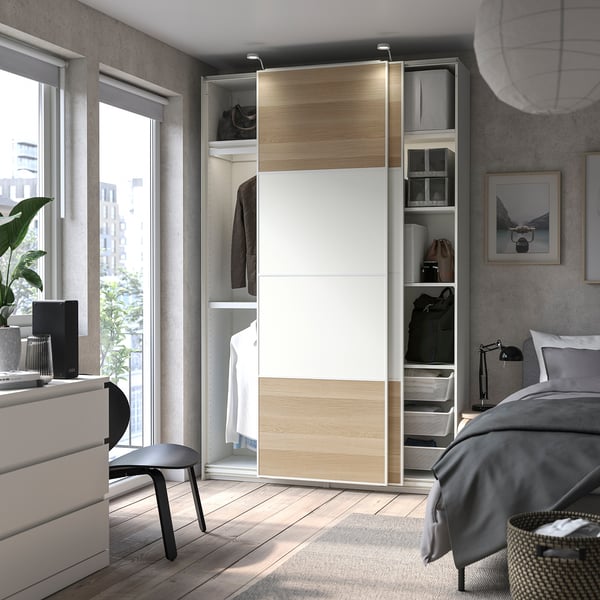 PAX / MEHAMN - Wardrobe combination, white/double-face oak effect with white stain,150x44x236 cm