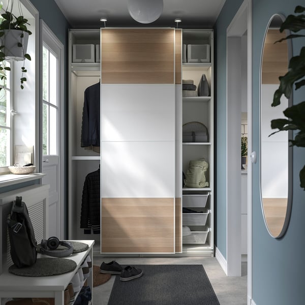 PAX / MEHAMN wardrobe combination, white/double sided white stained oak effect, 150x43x236 cm