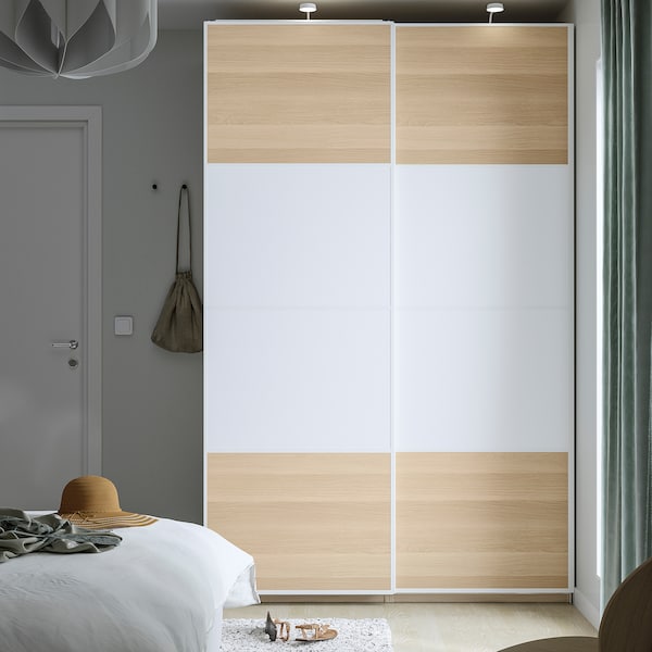 PAX / MEHAMN - Wardrobe, white double-sided/white oak effect with white stain,150x66x236 cm