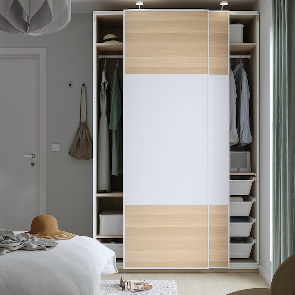 PAX / MEHAMN - Wardrobe, white double-sided/white oak effect with white stain,150x66x236 cm