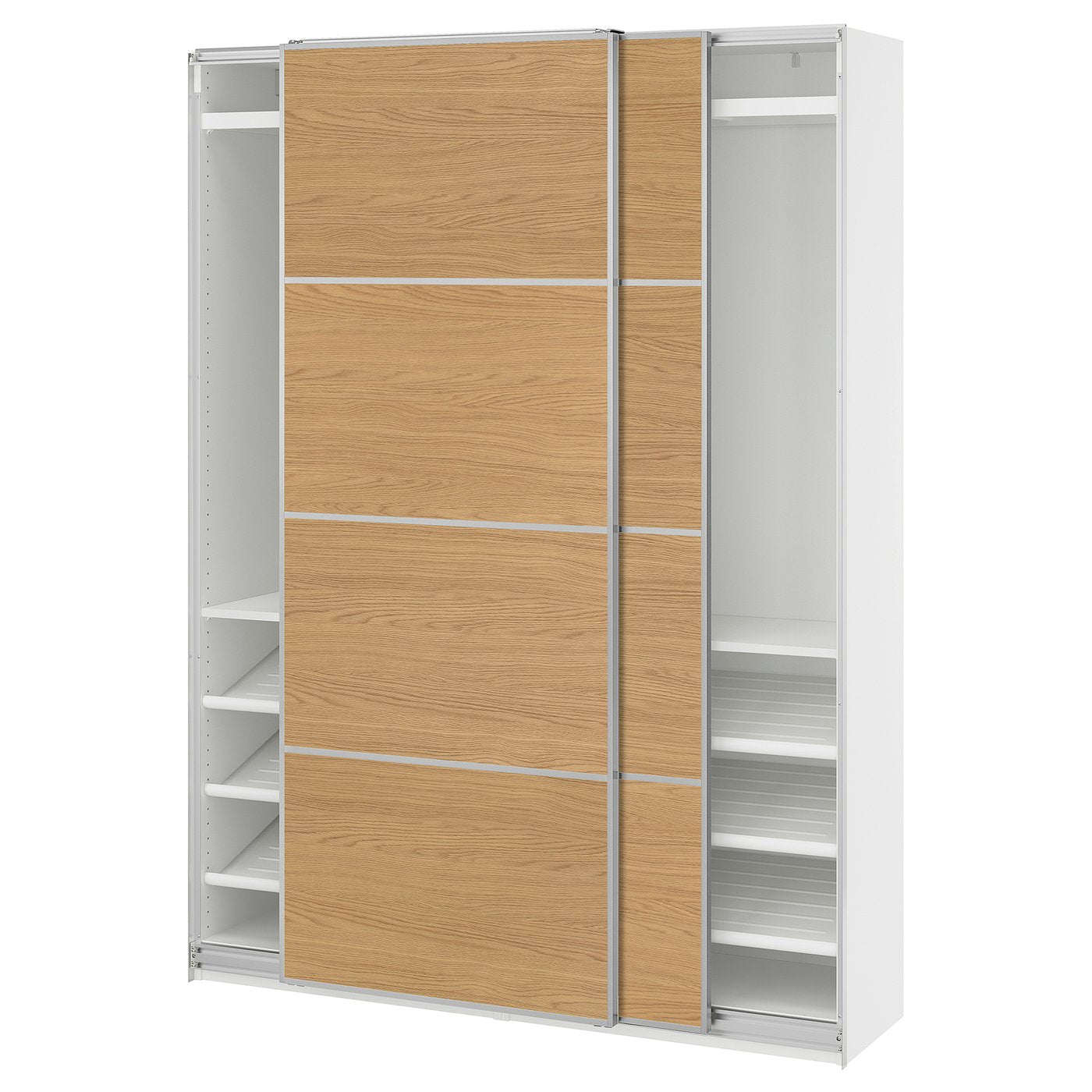 PAX / MEHAMN wardrobe with sliding doors, white aluminium/double sided oak effect, 150x201.2x43 cm