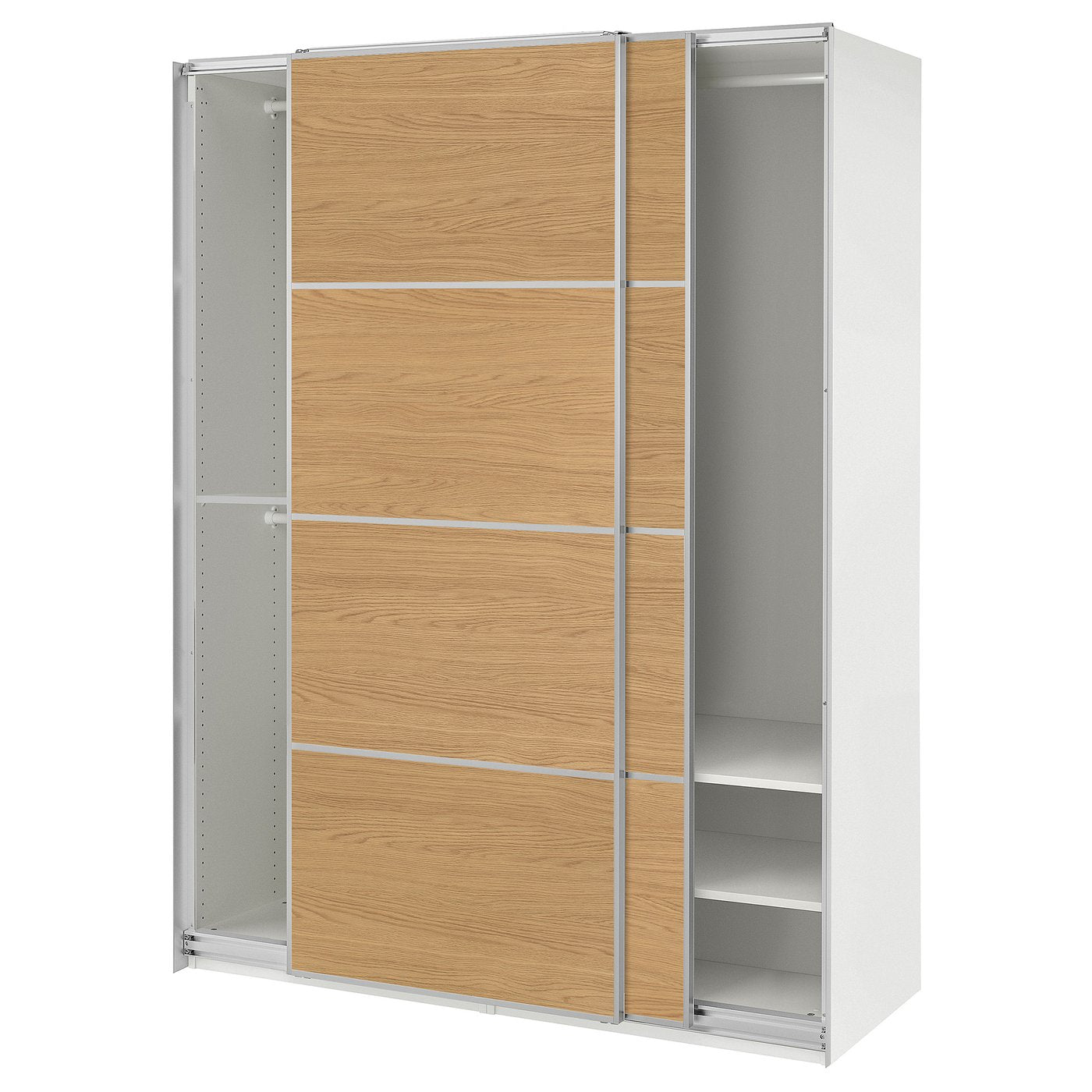 PAX / MEHAMN wardrobe with sliding doors, white aluminium/double sided oak effect, 150x201x66 cm
