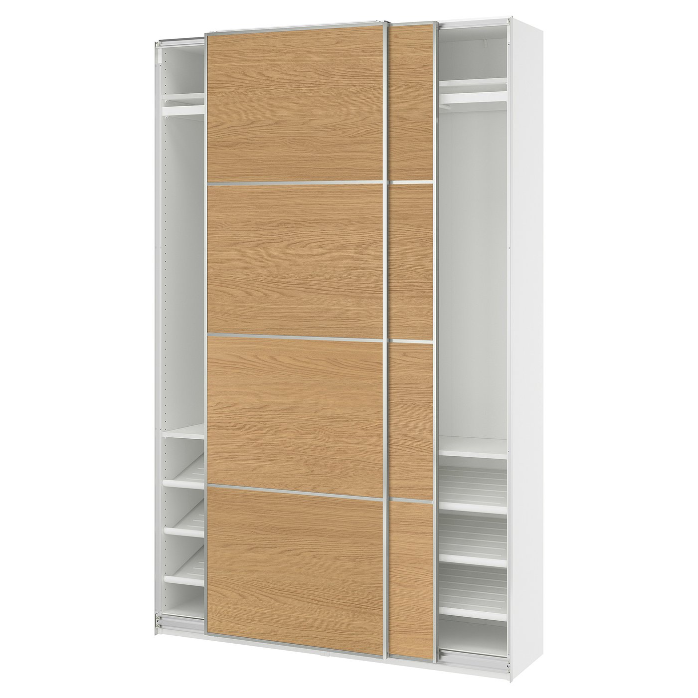PAX / MEHAMN wardrobe with sliding doors, white aluminium/double sided oak effect, 150x236.4x43 cm