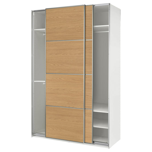 PAX / MEHAMN wardrobe with sliding doors, white aluminium/double sided oak effect, 150x236x66 cm