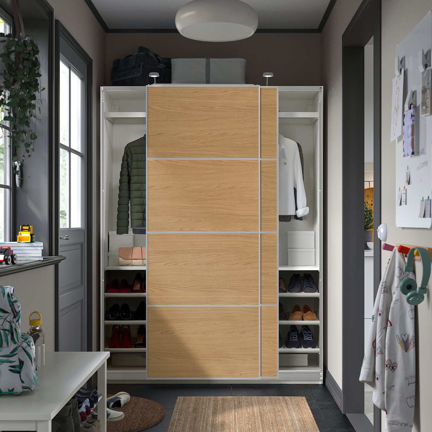 PAX / MEHAMN wardrobe with sliding doors, white aluminium/double sided oak effect, 150x201.2x43 cm