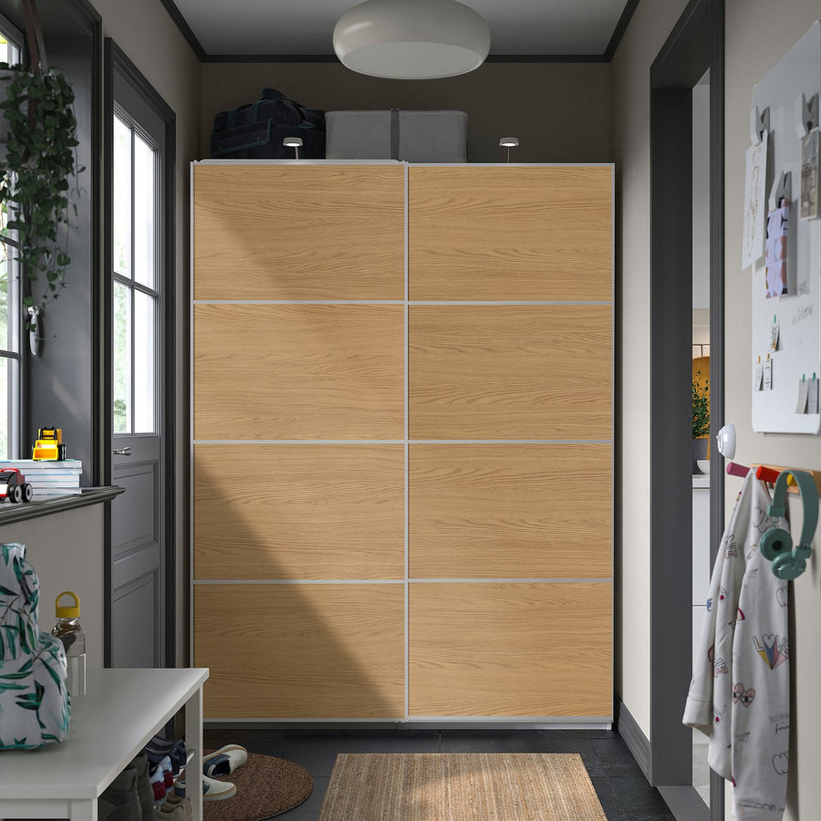 PAX / MEHAMN wardrobe with sliding doors, white aluminium/double sided oak effect, 150x43x201 cm