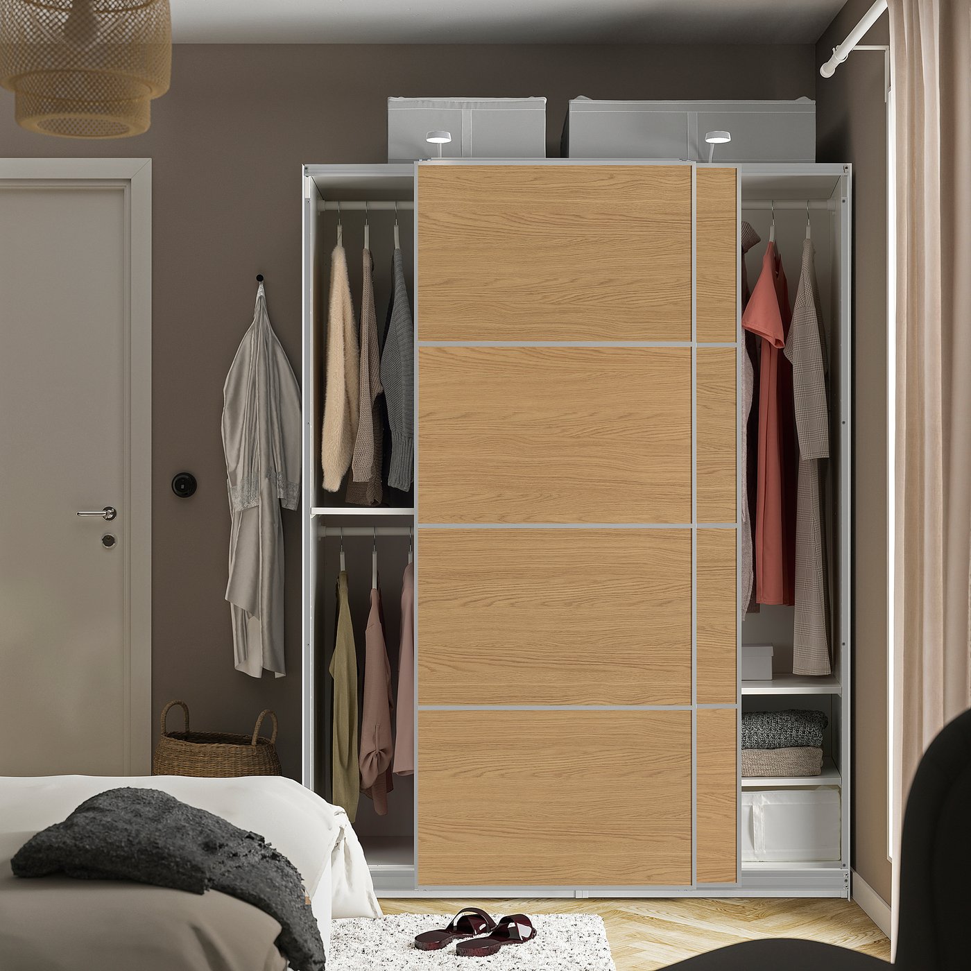PAX / MEHAMN wardrobe with sliding doors, white aluminium/double sided oak effect, 150x201x66 cm