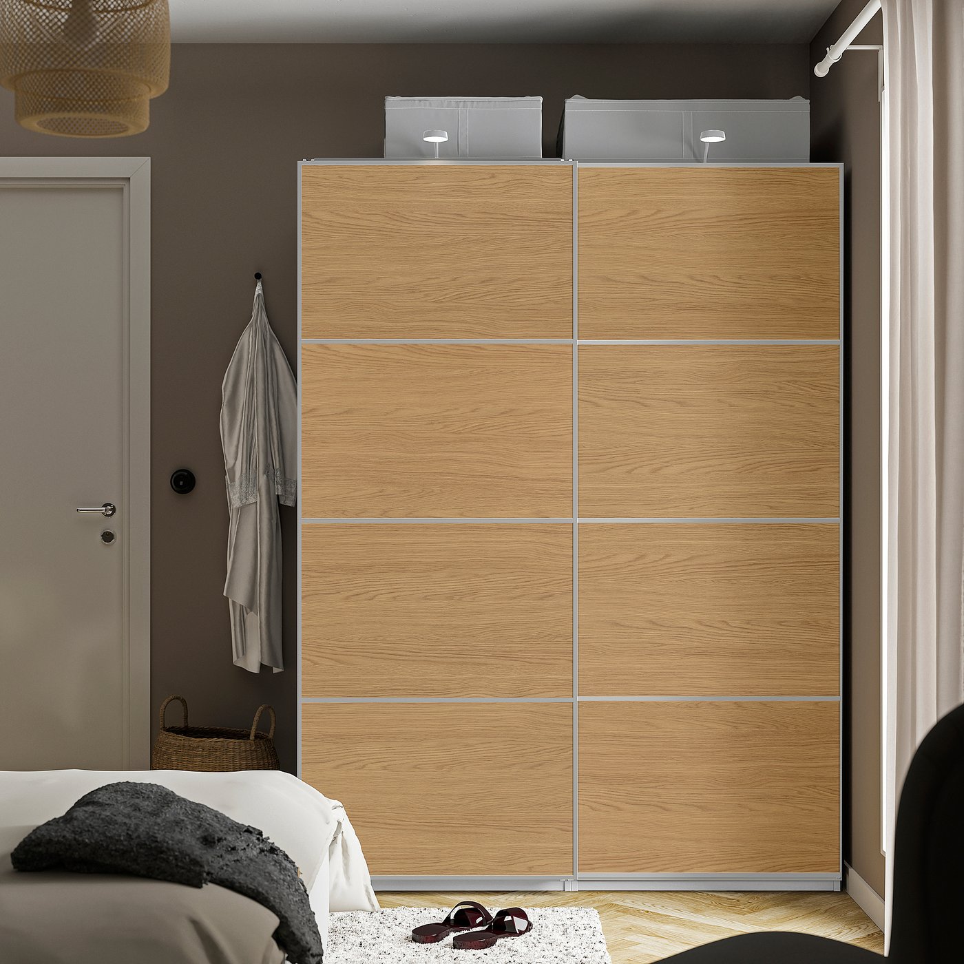 PAX / MEHAMN wardrobe with sliding doors, white aluminium/double sided oak effect, 150x201x66 cm
