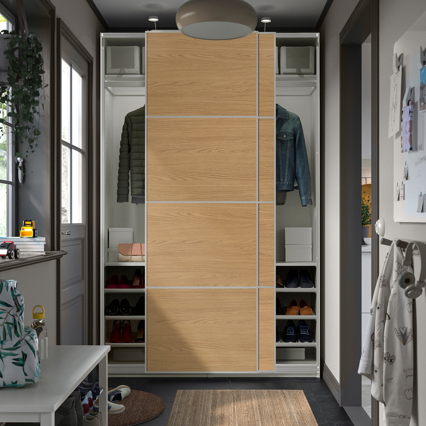 PAX / MEHAMN wardrobe with sliding doors, white aluminium/double sided oak effect, 150x236.4x43 cm