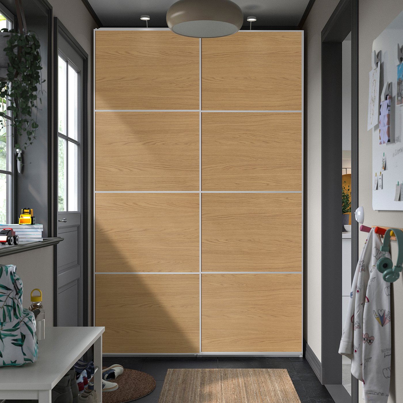PAX / MEHAMN wardrobe with sliding doors, white aluminium/double sided oak effect, 150x236.4x43 cm