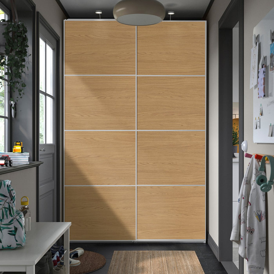 PAX / MEHAMN wardrobe with sliding doors, white aluminium/double sided oak effect, 150x43x236 cm