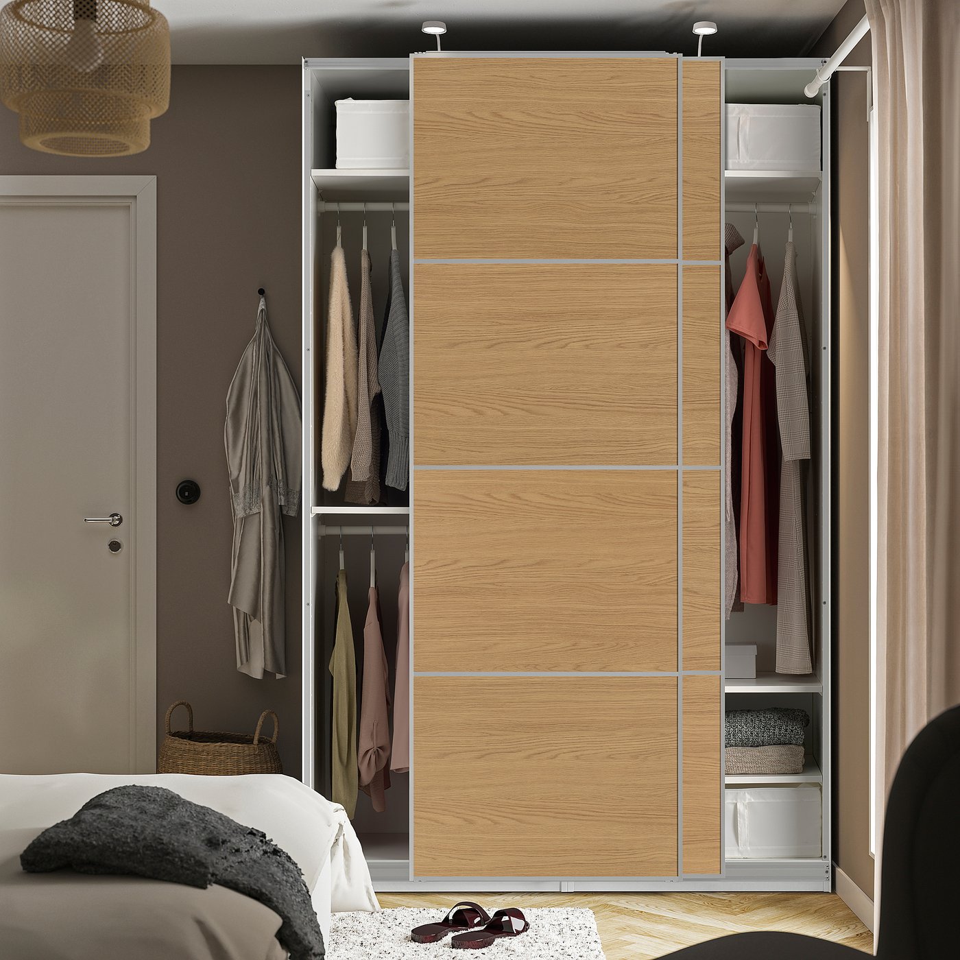 PAX / MEHAMN wardrobe with sliding doors, white aluminium/double sided oak effect, 150x236x66 cm