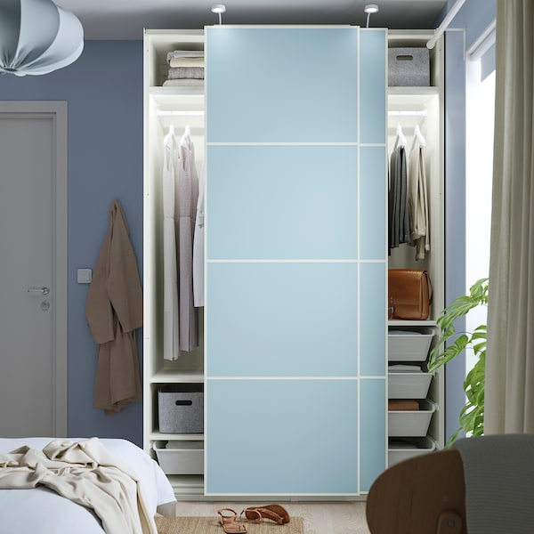 PAX / MEHAMN - Wardrobe with sliding doors, white/double-face light blue,150x66x236 cm