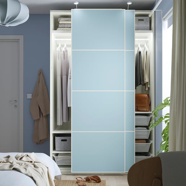 PAX / MEHAMN - Wardrobe with sliding doors, white/double-face light blue,150x66x236 cm