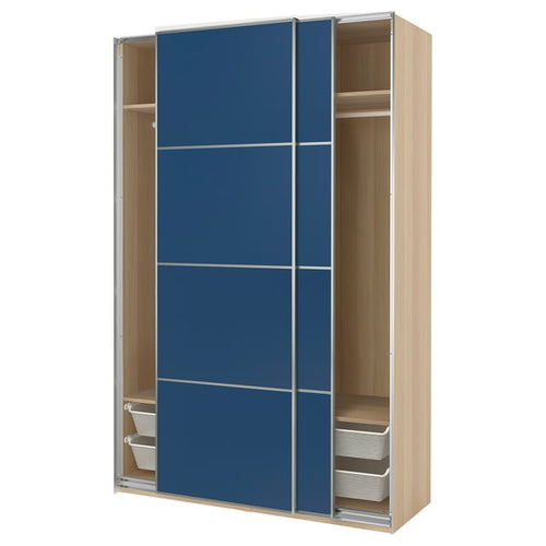 PAX / MEHAMN wardrobe with sliding doors, white stained oak effect aluminium/walnut effect blue, 150x66x236 cm
