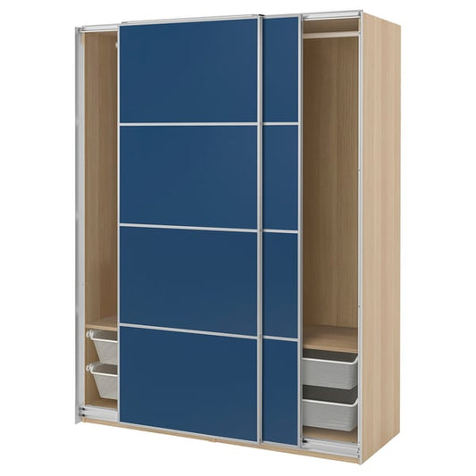 PAX / MEHAMN wardrobe with sliding doors, oak effect with white aluminum/blue walnut stain, 150x66x201 cm