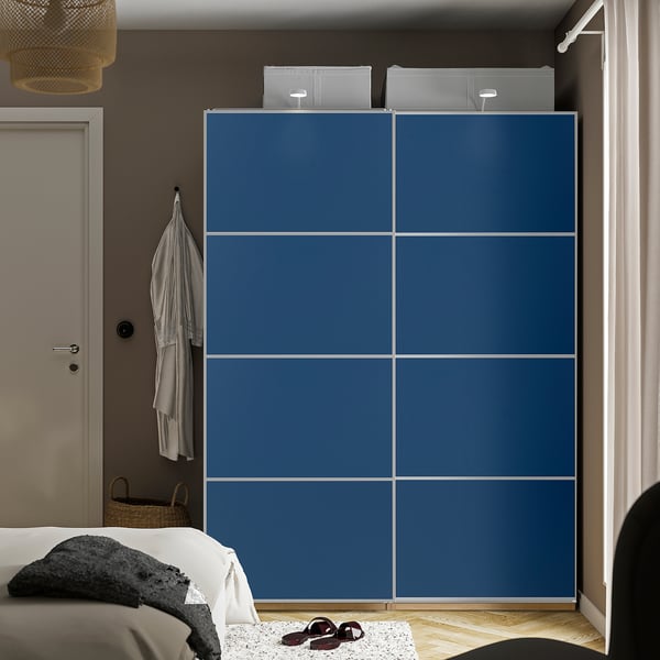 PAX / MEHAMN wardrobe with sliding doors, white stained oak effect aluminium/walnut effect blue, 150x66x201 cm