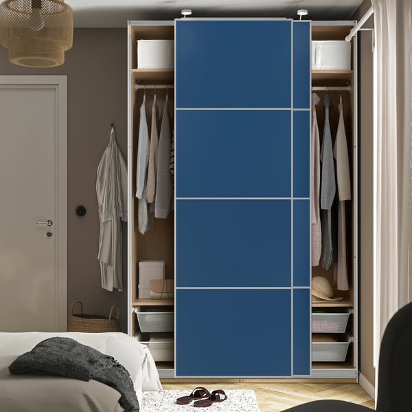 PAX / MEHAMN wardrobe with sliding doors, white stained oak effect aluminium/walnut effect blue, 150x66x236 cm