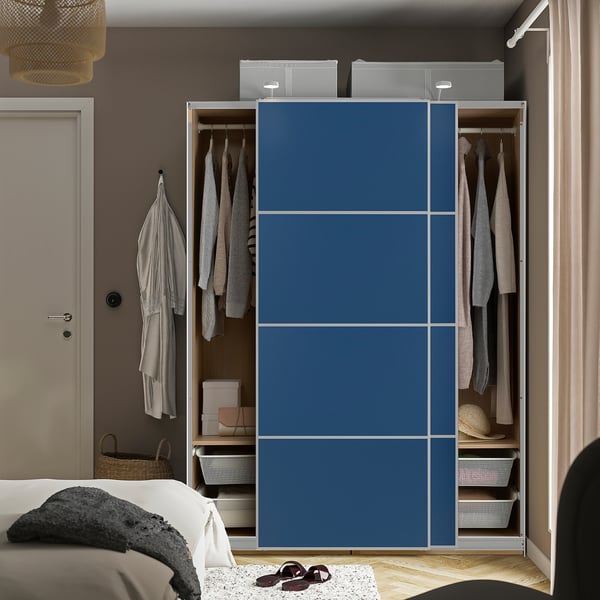 PAX / MEHAMN wardrobe with sliding doors, white stained oak effect aluminium/walnut effect blue, 150x66x201 cm