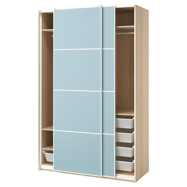 PAX / MEHAMN - Wardrobe with sliding doors, oak-effect with white/double-face stain blue,150x66x236 cm