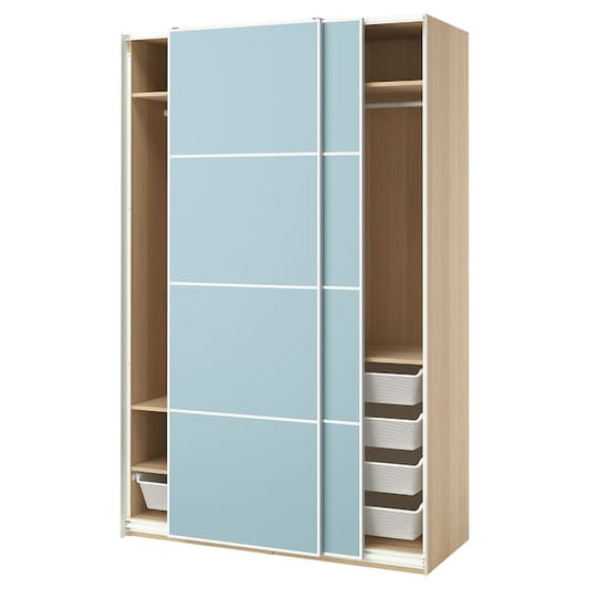 Ikea PAX / MEHAMN - Wardrobe with sliding doors, oak-effect with white/double-face stain blue,150x66x236 cm
